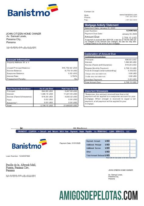 Extrato de hipoteca do Banco Banistmo do Panamá em formatos Word e PDF exemplo real